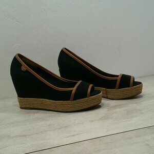 Tory Burch Old Money Black & Tan Majorca Peep Toe Wedge Espadrille Size 38 1/2